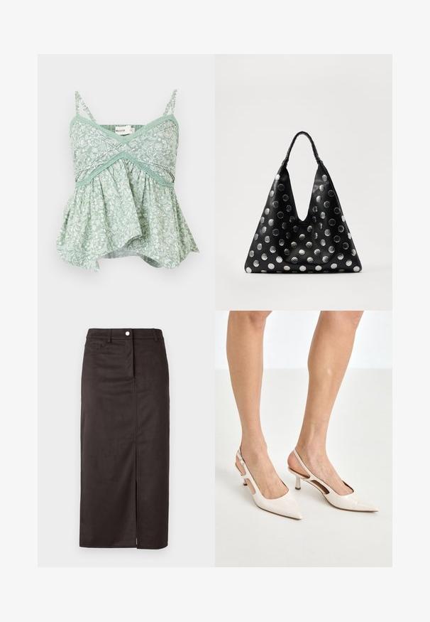 Myntr grøn blomstret camisole med tynde justerbare stropper, blondekant og en flagrende bunddesgn. Letvægts bomuldsmateriale.; Brun, knælang nederdel lavet af glat stof. Har en frontslids, knaplukning og sidelommer for ekstra funktionalitet.; Beige patenterede læder slingback hæle med spids tå og 5 cm hæl, med udskårne sider og en tynd ankelrem.; Sort lædertaske med en trekantet form, udstyret med sølvfarvede metallic prikker og et tekstureret håndtag. Generelt glat finish.