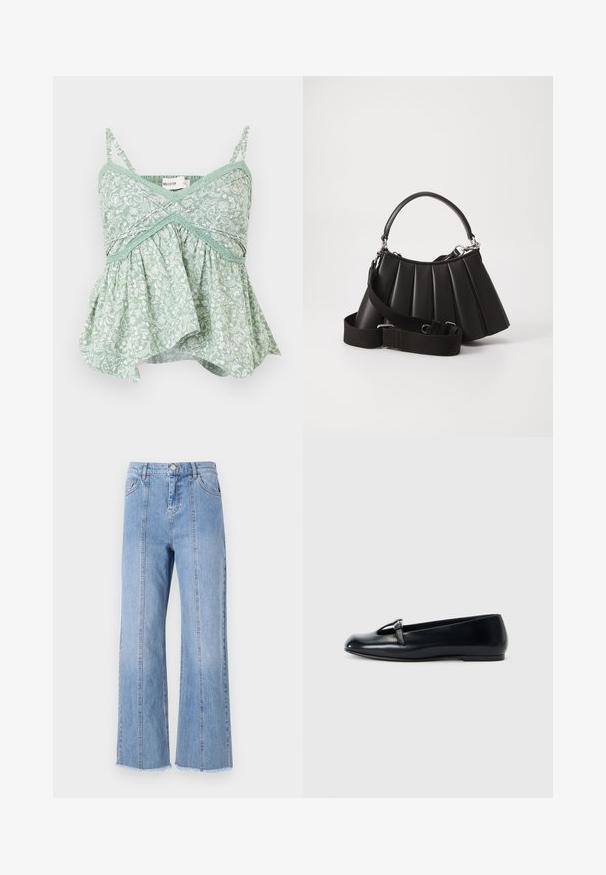 Myntr grøn blomstret camisole med tynde justerbare stropper, blondekant og en flagrende bunddesgn. Letvægts bomuldsmateriale.; Lysblå denim wide-leg jeans med høj talje, forreste sømme og rå kant. Funktioner en klassisk knap- og lynlåslukning i taljen.; Sorte læder-balletsko med rund tå, med et udskæringsdesign og lille sølvspænde som accent. Flad sål for komfort.; Sort plisseret handbag med et rundet håndtag, justerbar rem og blank overflade. Har sølvfarvet hardware og en struktureret silhuet.