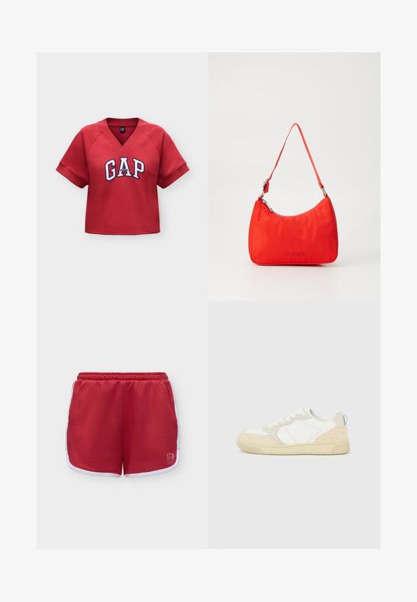 Sweat-shirt rouge court à manches courtes avec col en V et logo "GAP Athletic" blanc et noir sur le devant.; Short de sport rouge avec bordure blanche, taille élastique, poches latérales et petit logo blanc sur la partie inférieure de la jambe droite.; Baskets blanches et beiges avec dessus en suède et textile, présentant des coutures contrastées, une semelle en caoutchouc et un accent bleu clair sur le talon.; Sac à main en nylon rouge avec une silhouette courbée, une seule anse, des accessoires en métal argenté et un logo embossé à l'avant. Texture lisse.