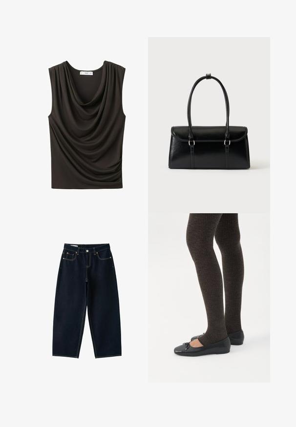 Haut noir sans manches avec encolure drapée et doux plis sur un côté, en tissu lisse.; Jean bleu foncé à jambes larges avec cinq poches, fermeture par bouton et coutures contrastées sur fond blanc.; Jambes portant des leggings côtelés foncés associés à des ballerines noires avec de petits détails en nœud sur fond blanc.; Sac à main rectangulaire en cuir noir avec fermeture à rabat et deux longues anses sur fond blanc uni.