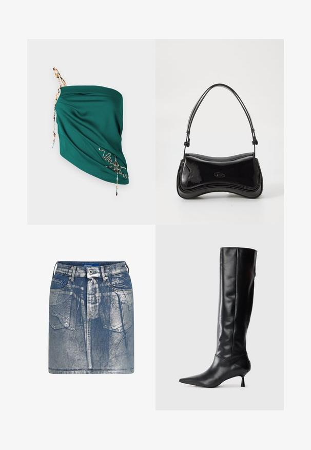 Tropfengrünes Oberteil aus strukturiertem Stoff, mit verstellbaren, mit Perlen verzierten Trägern und bestickten Details in kontrastierenden Farben entlang des Saums.; Jeans-Minirock in hellblau mit einem ausgewaschenen Finish. Mit Fronttaschen, Gürtelschlaufen und einem Metallknopf-Verschluss ausgestattet. Sichtbare Nähdetails.; Schwarze Lederstiefel bis zum Knie mit spitzem Zehenbereich und schmalem, geschwungenem Absatz. Glatte Textur, enganliegendes Design und keine sichtbaren Beschläge oder Muster.; Schwarze Handtasche aus lackiertem Leder mit einer geschwungenen Form, einem einzelnen Griff und einem runden Boden. Verfügt über ein dezentes Logo-Detail auf der Vorderseite.