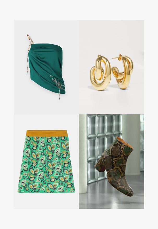 Teal draperet top med tekstureret stof, justerbare perle-stropper og broderede detaljer i kontrastfarver langs kanten.; Lukhanyo Mdingi GISELLE SKIRT - Mini skirts - green/mango/purple/yellow/camel; Enkelt brun og grøn ankelstøvle med slangehudsmønster og blokinæk hæl, der svæver over en poleret betongulv nær en glasblokvæg.; Charlotte Chesnais BO INITIAL BLOW - Øreringe - gold-coloured