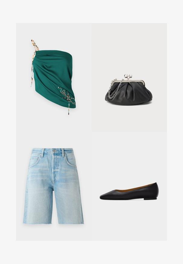 Tropfengrünes Oberteil aus strukturiertem Stoff, mit verstellbaren, mit Perlen verzierten Trägern und bestickten Details in kontrastierenden Farben entlang des Saums.; Helle blaue Denim-Shorts mit hoher Taille, fünf Taschen und einem rohen Saum. Weicher Stoff und klassischer Schnitt, geeignet für legere Outfits.; Schwarzer flacher Schuh aus Leder mit spitz zulaufender Vorderkappe, niedrigem Absatz und glatter Oberfläche, von der Seite vor einem hellgrauen Hintergrund dargestellt.; Schwarze Leder-Clutch mit geraffter Textur, silberfarbener Metallrahmen, Druckverschluss und Kettenriemen. Glatte, weiche Oberfläche.