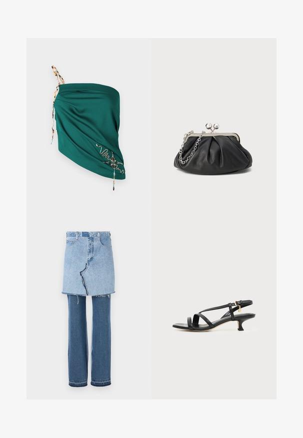 Teal draperet top med tekstureret stof, justerbare perle-stropper og broderede detaljer i kontrastfarver langs kanten.; Denim beklædning, der kombinerer en lys blå miniskørt ovenfor og mørkeblå udvidede jeans nedenfor; har frynset kant og klassisk denimtekstur.; Sort læder sandal med lav, tynd hæl, ankelspænde og lille guldkæde mod en lys, ensartet baggrund.; Sort læder clutch med samlet tekstur, sølvfarvet metalramme, kys-lås lukning og kædestrop. Glat, blød overflade.