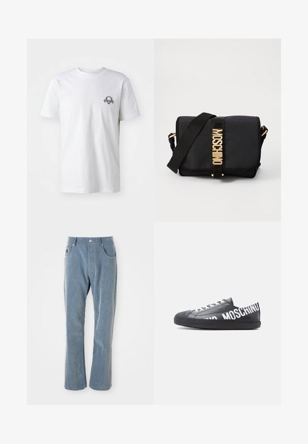 T-shirt en coton blanc avec un petit motif brodé noir sur la poitrine ; manches courtes et style col rond classique.; Pantalon en velours côtelé bleu clair avec fermeture à bouton et à glissière, poches avant et jambes droites sur fond blanc.; Baskets basses noires avec des lacets blancs et "MOSCHINO" imprimé en grandes lettres blanches sur le côté et le talon.; Sacoche noire en nylon avec une texture lisse. Équipée de quincaillerie dorée et de l'inscription "MOSCHINO" sur la sangle avant. Sangle ajustable incluse.