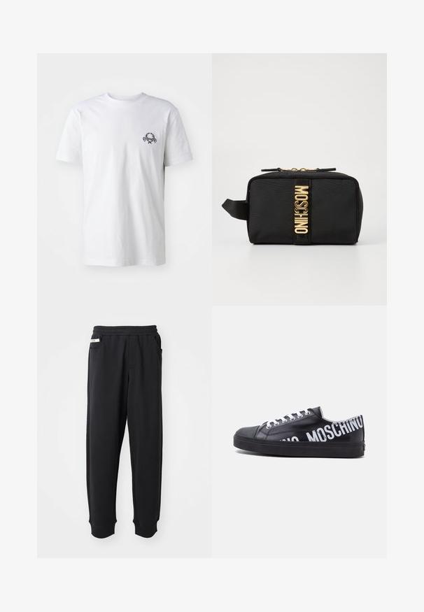 T-shirt en coton blanc avec un petit motif brodé noir sur la poitrine ; manches courtes et style col rond classique.; Pantalons de survêtement noirs en tissu doux, avec une taille élastique, des poches latérales et des poignets côtelés aux chevilles. Design minimaliste.; Baskets basses noires avec lacets blancs et texte blanc gras "MOSCHINO" entourant le talon et le côté.; Trousse cosmétique en tissu noir de forme rectangulaire, avec le logo doré "MOSCHINO", fermeture éclair et une sangle latérale pour une prise en main facile.