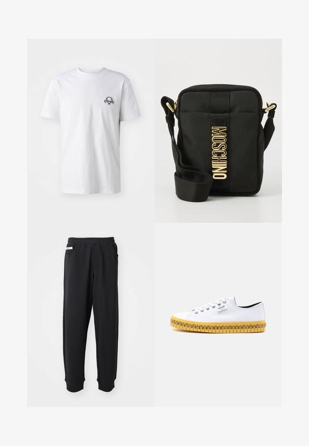 T-shirt en coton blanc avec un petit motif brodé noir sur la poitrine ; manches courtes et style col rond classique.; Pantalons de survêtement noirs en tissu doux, avec une taille élastique, des poches latérales et des poignets côtelés aux chevilles. Design minimaliste.; Baskets basses en toile blanche avec lacets blancs et semelle jaune, conçues pour ressembler à un ruban à mesurer avec des repères de taille.; Sacoche en nylon noir de forme rectangulaire, présentant une finition texturée, le logo en doré "MOSCHINO" et une sangle réglable.