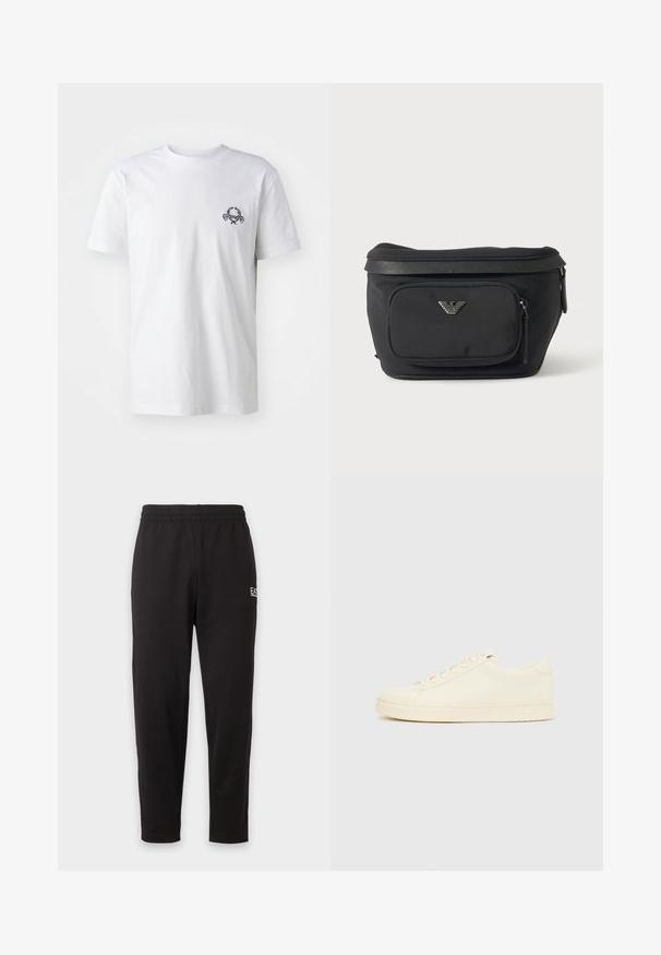 T-shirt en coton blanc avec un petit motif brodé noir sur la poitrine ; manches courtes et style col rond classique.; Pantalon de survêtement noir à taille élastique, jambes fuselées, avec un petit logo blanc sur la partie supérieure de la cuisse gauche.; Baskets couleur crème avec une tige en cuir lisse, bout arrondi, laçage à l'avant et semelle en caoutchouc texturée. Design minimaliste, sans logo.; Sac banane noir avec poche avant zippée et logo aigle argenté, tissu lisse avec bordure texturée et tirettes de fermeture éclair.