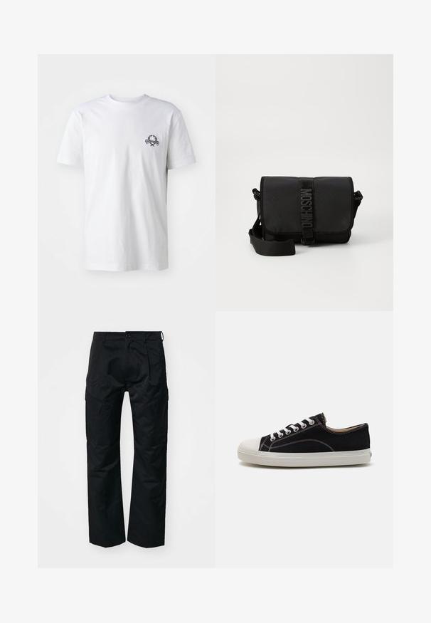 T-shirt en coton blanc avec un petit motif brodé noir sur la poitrine ; manches courtes et style col rond classique.; Pantalons cargo noirs avec une texture lisse, dotés de poches latérales, d'une fermeture à bouton et d'une coupe décontractée.; Baskets noires en toile avec bouts et semelles en caoutchouc blancs, dotées de lacets blancs et de coutures contrastées. Design bas.; Sac bandoulière noir en nylon avec rabat, doté d'une fermeture à bande logo proéminente, d'une bandoulière réglable et de détails de surpiqûres sur les côtés.