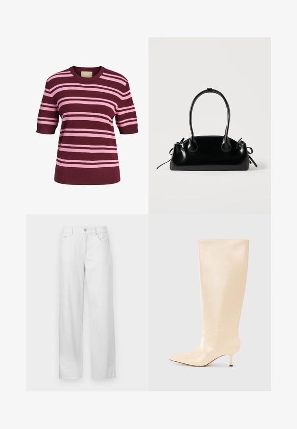 Top de punto de manga corta con rayas horizontales rosas y burdeos y cuello redondo.; Pantalones de mezclilla blanca con un corte holgado, que cuentan con un cierre de botón y cremallera, trabillas para cinturón y un diseño tradicional de cinco bolsillos.; Bota de cuero beige hasta la rodilla con un acabado elegante y suave, punta afilada y un tacón bajo y delgado. Presenta un diseño minimalista sin acentos visibles.; Pequeño bolso negro brillante con dos asas largas y detalles de cordón lateral sobre un fondo claro liso.