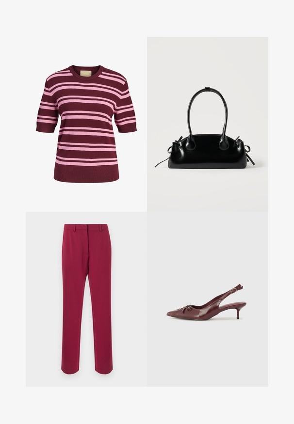 Top de punto de manga corta con rayas horizontales rosas y burdeos y cuello redondo.; Pantalones burdeos hechos de tela lisa con corte recto, que cuentan con una pretina, trabillas para cinturón y bolsillos laterales. Sin detalles decorativos.; Tacón slingback de cuero burdeos con punta afilada, correa ajustable y detalle decorativo de lazo en la parte delantera. Altura del tacón de 3 pulgadas.; Pequeño bolso negro brillante con dos asas largas y detalles de cordón lateral sobre un fondo claro liso.