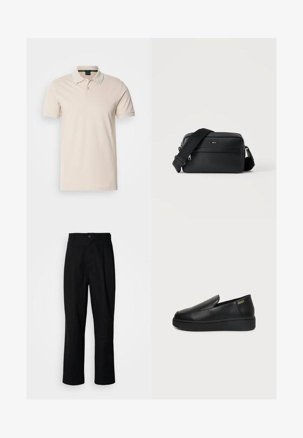 Cremfarbener Poloshirt aus Baumwolle. Verfügt über einen klassischen Kragen, eine Knopfleiste mit drei Knöpfen, kurze Ärmel und ein gesticktes Logo auf der Brust.; Schwarze gerade geschnittene Hosen mit einem Knopfverschluss, Gürtelschlaufen und Vorderfalten, vor einem schlichten weißen Hintergrund präsentiert.; Schwarzer Lederschlupfschuh mit dicker Sohle und kleinen seitlichen Belüftungslöchern, mit goldenem "HUGO"-Logo nahe der Ferse.; Schwarze, strukturierte Leder-Crossbody-Tasche mit vorderer Reißverschlusstasche und verstellbarem breitem Stoff-Schulterriemen auf weißem Hintergrund.
