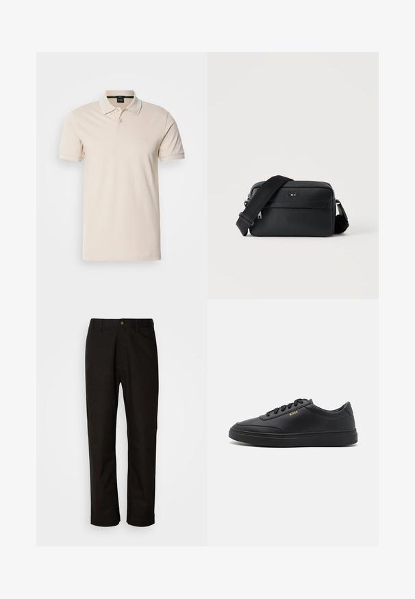 Polo shirt couleur crème en coton. Il présente un col classique, une patte de boutonnage à trois boutons, des manches courtes et un logo brodé sur la poitrine.; Pantalon en coton noir avec une coupe droite, des passants de ceinture, une fermeture éclair à l'avant et un seul bouton. Texture lisse sans motifs visibles.; Baskets en cuir noir avec une texture lisse, bout rond, semelle en caoutchouc plate et lacets ton sur ton. Présente une marque "BOSS" dorée sur le côté.; Sac bandoulière en cuir noir texturé avec poche avant zippée et bandoulière large en tissu réglable sur fond blanc.