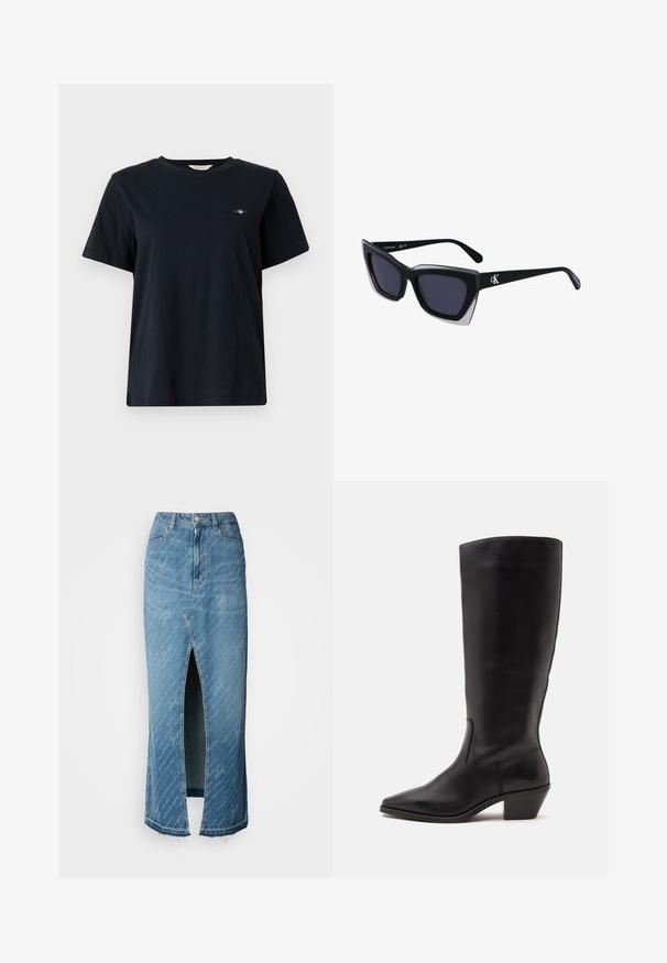 T-shirt noir en coton à manches courtes, col rond, avec un petit logo brodé sur la poitrine gauche. Coupe classique et décontractée.; Jupe midi en denim bleu avec une fente à l'avant, texture délavée et motif en script blanc. Dispose d'une taille classique et d'un ourlet effiloché.; Botte en cuir noire mi-mollet avec un bout pointu et un talon bas incliné sur un fond clair uni.; Lunettes de soleil noires surdimensionnées avec une forme géométrique, dotées de verres foncés et d'un détail gris contrastant sur la monture. Logo sur la branche.