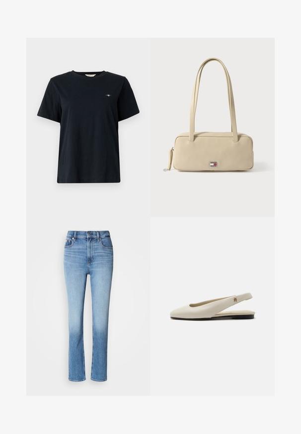 T-shirt noir en coton à manches courtes, col rond, avec un petit logo brodé sur la poitrine gauche. Coupe classique et décontractée.; Jean en denim bleu avec taille haute, coupe droite, dégradé de couleur usé et style cinq poches. Fermeture à bouton en métal et zip.; Chaussure plate slingback en cuir couleur crème avec un bout arrondi et un petit emblème doré sur la bride.; Sac à main rectangulaire beige en matériau lisse avec deux poignées, une fermeture éclair et un logo métallique de marque en accent sur le devant.
