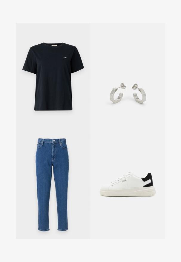 T-shirt noir en coton à manches courtes, col rond, avec un petit logo brodé sur la poitrine gauche. Coupe classique et décontractée.; Jean en denim bleu avec taille haute, fermeture éclair, cinq poches, jambes droites, et une texture légèrement décolorée, avec un ourlet net.; Baskets en cuir blanc avec une épaisse semelle blanche, un accent en daim noir au niveau du talon et un logo embossé sur le côté. Design à lacets avec six œillets.; Boucles d'oreilles en métal argenté avec un design texturé, dotées d'un petit fermoir et d'une marque sur une des hoops. Forme arrondie avec une finition polie.