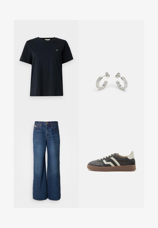T-shirt noir en coton à manches courtes, col rond, avec un petit logo brodé sur la poitrine gauche. Coupe classique et décontractée.; Jean large en denim bleu foncé. Les caractéristiques incluent une taille haute, cinq poches et des coutures contrastantes orange le long des coutures.; Baskets basses en velours côtelé gris avec bandes blanches sur les côtés, languette beige au talon, lacets blancs et semelle en caoutchouc marron.; Boucles d'oreilles en métal argenté avec un design texturé, dotées d'un petit fermoir et d'une marque sur une des hoops. Forme arrondie avec une finition polie.