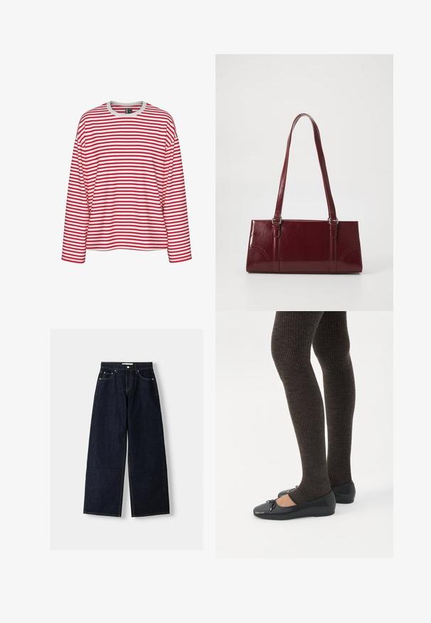 Rød- og hvidstribet langærmet skjorte med rund halsudskæring og afslappet pasform. Blødt stof med ensartet stribemønster.; Mørkeblå denim wide-leg jeans med høj talje, fem lommer, kontraststing og sølvfarvet metalbeslag. Glat overflade og pæn finish.; Ben iført mørke ribbede leggings kombineret med sorte balletsko med små sløjfedetaljer på hvid baggrund.; Bordeaux håndtaske lavet af glansfuldt materiale, rektangulær form, med to skulderremme og subtile buede detaljer på forsiden.