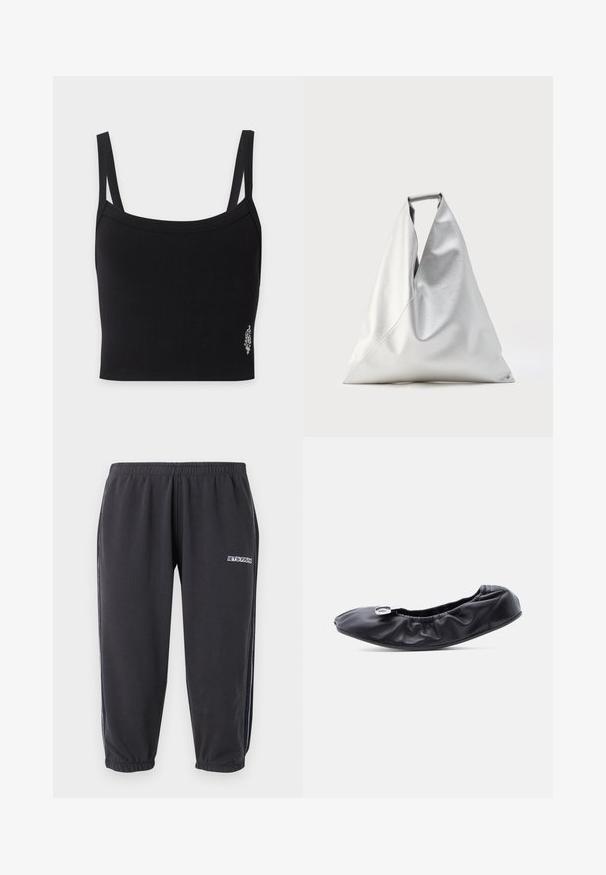 Débardeur court noir côtelé avec de fines bretelles et un petit motif floral blanc près du bas à droite.; Pantalon de jogging noir à taille et chevilles élastiques, bandes blanches sur les côtés et petit logo blanc sur la partie supérieure de la cuisse.; Chaussure plate en cuir noir avec un bout arrondi et un design froncé le long de l'ouverture. Présente un détail discret en métal argenté sur le devant.; Grand sac fourre-tout argenté de forme triangulaire avec une texture en cuir souple, debout verticalement avec une poignée supérieure visible sur un fond uni.