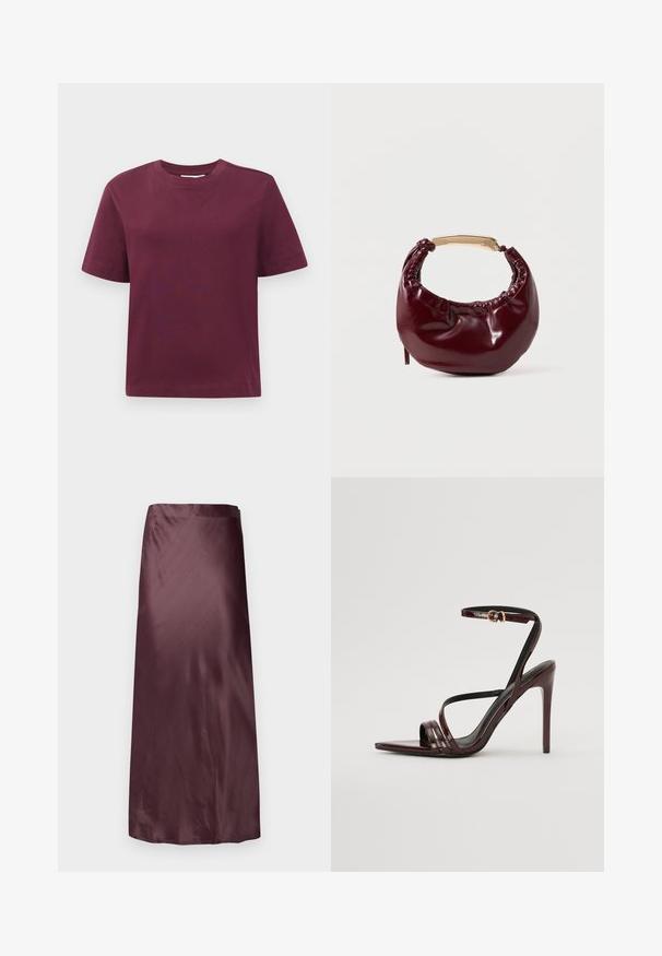 T-shirt à manches courtes et col rond, uni rouge foncé, présenté sur un fond blanc.; Jupe maxi en satin bourgogne avec une texture lisse, silhouette en A et une taille discrète, présentant un design minimal et sans matériel visible.; Sandale à talons hauts en cuir verni bourgogne avec une bride de cheville, bout pointu et trois bandes horizontales sur le pied. Détail de boucle dorée.; Sac à main en simili cuir bordeaux avec une forme arrondie, des détails froncés et une anse en métal doré. Texture lisse et finition brillante.