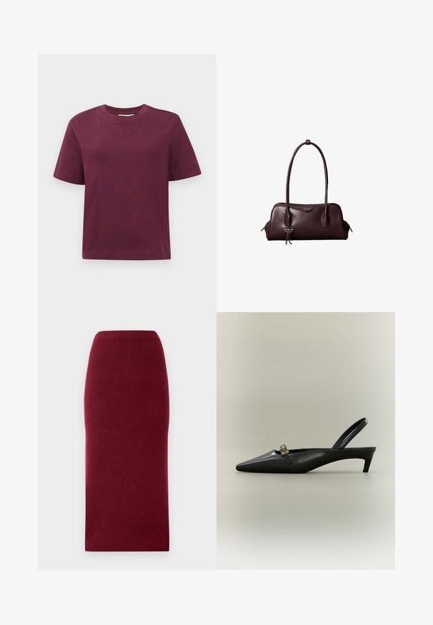 T-shirt à manches courtes et col rond, uni rouge foncé, présenté sur un fond blanc.; Jupe midi en maille bordeaux avec une silhouette ajustée, texture lisse et une taille. Pas de coutures ou de motifs visibles. Couleur unie sur l'ensemble.; Escarpin slingback en cuir noir avec talon kitten, bout pointu et petite boucle dorée sur un fond uni.; Sac à main en cuir brun foncé Calvin Klein avec de longues poignées doubles et un petit porte-clé logo suspendu à une poignée.
