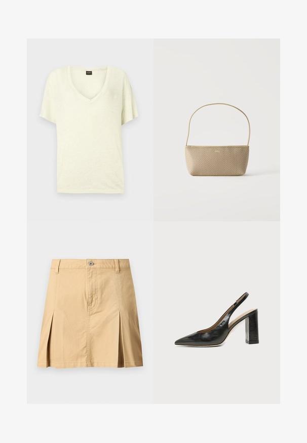T-shirt crème à manches courtes avec col en V et petite étiquette noire avec texte rouge au niveau du col.; Jupe beige longueur genou avec passants de ceinture, fermeture à boutons sur le devant, deux plis avant et coutures visibles sur fond uni.; Chaussure slingback en cuir noir à bout pointu avec un talon bloc haut et une doublure intérieure beige sur un fond clair uni.; Sac à main tissé beige avec fine bandoulière et petit logo doré "BOSS" à l'avant, présenté sur fond blanc uni.
