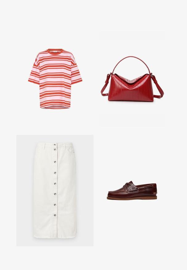 Camiseta de manga corta a rayas rojas y blancas, hecha de una tela suave con un corte relajado y escote redondo, que presenta líneas horizontales.; Falda midi de denim blanco con cierre de botones en el frente, dos bolsillos laterales y acentos bordados en la cinturilla. Presenta un dobladillo sin terminar.; Zapato náutico de cuero marrón con cordones, detalles de costura y logo de Timberland en el lateral, mostrado sobre un fondo blanco.; Bolso rojo hecho de material brillante con una forma estructurada. Cuenta con un asa curva, una correa ajustable y patrones verticales en relieve.