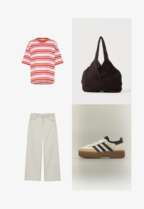 Rood en wit gestreept T-shirt met korte mouwen, gemaakt van zachte stof met een relaxte pasvorm en ronde hals, met horizontale lijnen.; Lichtgrijze wijde broek met vijf zakken, sluiting met een knoop aan de voorkant en contrasterende stiksels langs de naden. De stof lijkt zacht en duurzaam te zijn.; Witte Adidas sneaker met zwarte strepen, beige suède neus, bruine zool en "SPEZIAL" in gouden letters aan de zijkant.; Zwarte gehaakte tote tas met getextureerde vierkante patronen en twee schouderriemen, staand tegen een effen achtergrond.