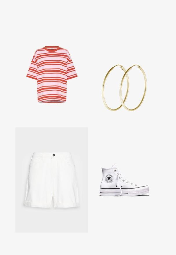 Rød- og hvidstribet t-shirt med korte ærmer, lavet af blødt stof med en løs pasform og rund halsudskæring, der har vandrette striber.; Hvide denim shorts med en foldet kant, fem-lomme design og en sort knap i taljen. Blød struktur og afslappet snit.; Hvid Converse Chuck Taylor All Star højt snøresko med sorte striber og logoemblem på siden, vist mod en ensfarvet hvid baggrund.; Guld hoops øreringe med et glat, rundt design og en blank finish. Letvægts konstruktion med en sikker låsemekanisme.
