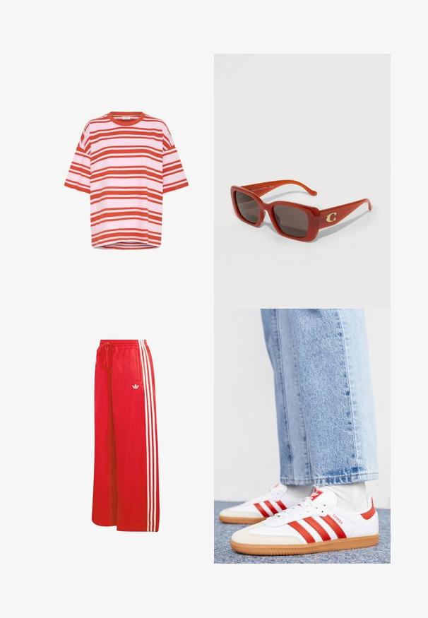 Rot-weißer gestreifter Kurzarm-T-Shirt aus weichem Stoff, mit lässiger Passform und Rundhalsausschnitt, der horizontalen Linien zeigt.; Rote Sporthose aus leichtem Material, mit weitem Bein, elastischem Bund, Kordelzug und drei weißen Streifen auf jeder Seite.; Weiße Leder Sneaker mit roten Streifen und Akzenten. Verfügt über eine strukturierte Gummi-Laufsohle und einen gepolsterten Schaft. Tragen mit hellblauer Jeans.; Rechteckige rote Sonnenbrille mit dunklen Gläsern und einem goldenen "C"-Logo am Bügel, vor einem plain weißen Hintergrund dargestellt.