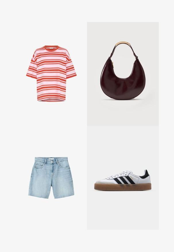 Rot-weißer gestreifter Kurzarm-T-Shirt aus weichem Stoff, mit lässiger Passform und Rundhalsausschnitt, der horizontalen Linien zeigt.; Hellblaue Denim-Shorts mit Fünf-Taschen-Design, Gürtelschlaufen, Knopfverschluss und rohen Saumkanten.; Weiße Leder Sneakers mit schwarzen Streifen, Gummigummi-Außensohle, runder Zehenform, Schnürverschluss und weichem grauem Wildleder-Zehenkappe.; Dunkelbraune, halbmondförmige Ledertasche mit kurzem Griff, der eine goldfarbene Metallbacke und einen Seitenreißverschluss aufweist.