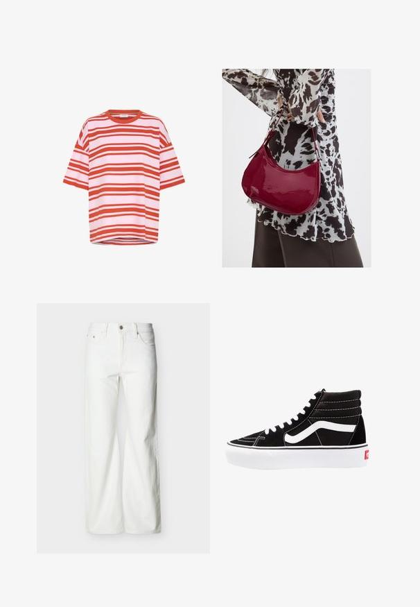 Rood en wit gestreept T-shirt met korte mouwen, gemaakt van zachte stof met een relaxte pasvorm en ronde hals, met horizontale lijnen.; Witte jeans met rechte pijpen en hoge taille, voorzien van een knoopsluiting aan de voorkant, rits, en zij- en achterzakken, tegen een effen lichte achtergrond.; Zwarte high-top sneakers met witte veters, een wit logo en contrasterende witte stiksels. Heeft een dikke witte zool en een bovenwerk van gestructureerd suede.; Vrouw met een zwart-wit gebloemde blouse houdt een glanzende rode schoudertas vast tegen een effen achtergrond.