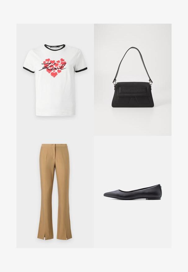 Witte katoenen t-shirt met zwarte afwerking, featuring een rode hartafbeelding gemaakt van penseelstreken en handgeschreven tekst "Karl" in het zwart.; Beige uitlopende broeken met een voorinsnijding, gemaakt van zachte stof. Beschikt over een platte tailleband en scherpe plooidetails die langs de benen lopen.; Zwarte platte leren schoen met puntige neus en lage hak, zijaanzicht tegen een witte achtergrond.; Zwarte handtas met een gestructureerd oppervlak, een omslag flap met reliëflogo en een smalle schouderriem. Rechthoekige vorm met hoekige accenten.