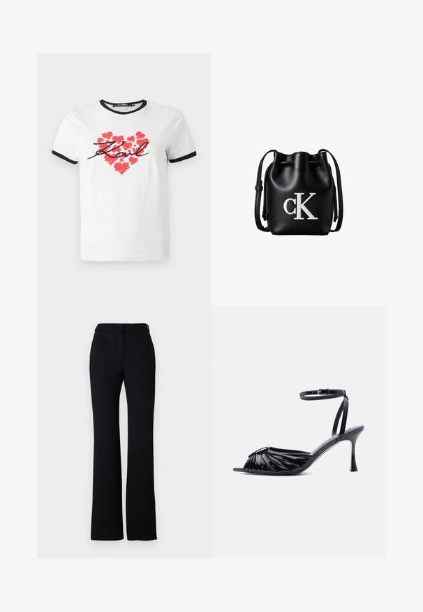 Witte katoenen t-shirt met zwarte afwerking, featuring een rode hartafbeelding gemaakt van penseelstreken en handgeschreven tekst "Karl" in het zwart.; Zwarte broek met een rechte snit, een gladde textuur en een tailleband met een enkele knoopsluiting. Geen zichtbare patronen of accenten.; Zwarte sandaal met hoge hak van lakleer, open teen, gerimpeld voorkantontwerp en verstelbare enkelband met gesp.; Zwarte leren bucketbag met koordsluiting aan de bovenkant en wit "cK" logo aan de voorkant, met een verstelbare schouderband.