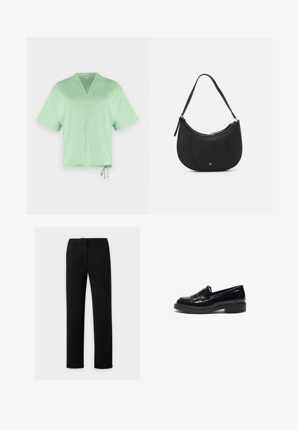 Haut à manches courtes et décolleté en V en tissu vert clair. Doté d'un cordon de serrage à l'ourlet pour un ajustement réglable. Texture douce avec un design minimal.; Pantalon noir à jambes droites avec passants de ceinture, fermeture éclair à l'avant et une ceinture lisse, présenté sur un fond clair uni.; Mocassins en cuir noir au design épuré, avec un bout arrondi, des franges décoratives et une semelle en caoutchouc texturée basse.; Sac à main en cuir noir avec une forme courbée, surface texturée, coutures avant et un logo doré. Il est doté d'une seule sangle ajustable.