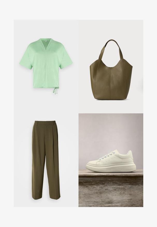 Haut à manches courtes et décolleté en V en tissu vert clair. Doté d'un cordon de serrage à l'ourlet pour un ajustement réglable. Texture douce avec un design minimal.; Pantalons à jambes larges vert olive en tissu lisse, dotés d'une taille haute, de plis sur le devant et de poches latérales pour plus de fonctionnalité.; Baskets en cuir blanc avec un bout rond, une texture lisse et des lacets contrastants. Dotées de trous de ventilation et d'une semelle en caoutchouc épaisse pour le confort.; Sac fourre-tout en cuir vert olive avec double poignée, texture lisse et design à quatre panneaux. Coutures renforcées le long des joints pour plus de durabilité.