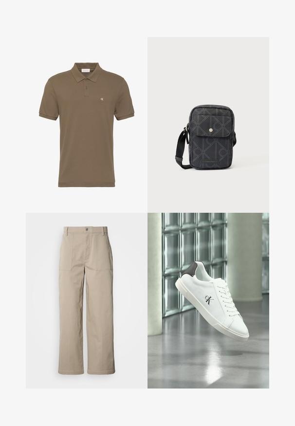 Polo marron à manches courtes avec deux boutons et petit logo blanc "CK" sur la poitrine gauche.; Pantalon beige à jambes larges en coton ; doté de poches plaquées à l'avant, d'une fermeture à bouton et de coutures visibles le long des ourlets.; Baskets blanches avec languette de talon noire et logo "ck", lacées, montrées flottant au-dessus d’un sol gris brillant avec un mur en blocs de verre et des colonnes en arrière-plan.; Petit sac bandoulière noir compact avec motif géométrique, poche avant à rabat avec bouton pression, et sangle d'épaule en tissu réglable.