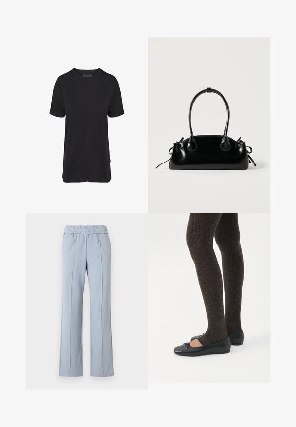 Schwarzes Baumwoll-T-Shirt mit kurzen Ärmeln, rundem Halsausschnitt und aufgerollten Bündchen; mit einem dezenten Markenlabel am seitlichen Saum.; Hellblaue Hose mit elastischem Bund, geradem Schnitt und Vorderfalten. Hergestellt aus weichem Stoff mit glatter Textur.; Beine in dunklen, gerippten Leggings kombiniert mit schwarzen Ballerinas mit kleinen Schleifendetails auf weißem Hintergrund.; Kleine schwarze glänzende Handtasche mit zwei langen Griffen und seitlichen Kordelzug-Details vor einfachem hellem Hintergrund.