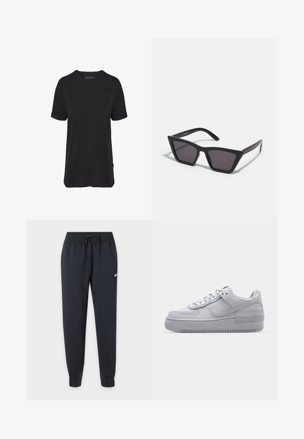 T-shirt en coton noir à manches courtes, col rond et manches retroussées ; présente une étiquette de marque subtile sur l'ourlet latéral.; Pantalon de survêtement Nike noir avec taille élastique et cordon, jambes fuselées, chevilles bord-côte et petit logo Nike blanc sur la cuisse droite.; Basket en cuir lisse gris Nike Air Force 1 avec un bout perforé, une semelle épaisse et un détail 'AIR' en relief sur le talon.; Lunettes noires angulaires avec des verres gris ; fabriquées en plastique, avec des branches épaisses à la surface lisse et sans matériel visible.