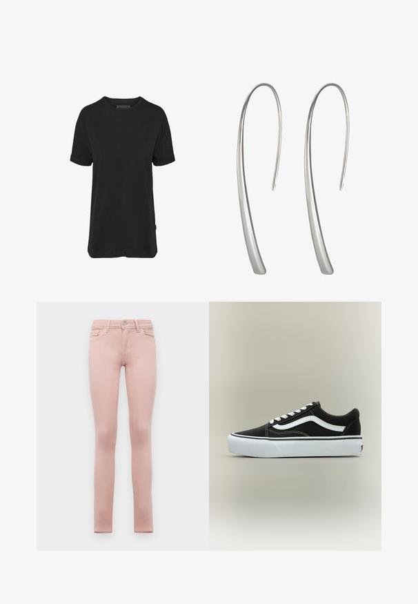Camiseta de algodón negra con mangas cortas, cuello redondo y puños enrollados; presenta una sutil etiqueta de la marca en el dobladillo lateral.; Jeans de mezclilla rosa ajustados con una silueta ceñida, que cuentan con una cremallera, cierre de botón, cinco bolsillos y costuras sutiles.; Zapatilla deportiva negra de corte bajo con raya lateral blanca, cordones blancos, suela de goma blanca y puntera texturizada sobre fondo neutro.; Pendientes largos de plata en forma de gota con un diseño elegante y alargado y una superficie lisa y pulida. Presentan una forma minimalista y curva.