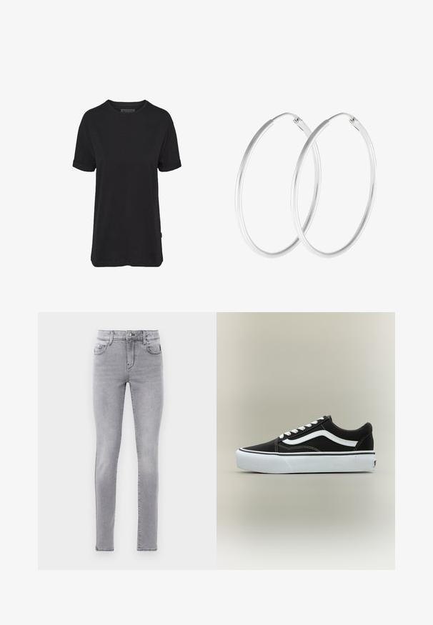 Schwarzes Baumwoll-T-Shirt mit kurzen Ärmeln, rundem Halsausschnitt und aufgerollten Bündchen; mit einem dezenten Markenlabel am seitlichen Saum.; Schlanke Jeans aus hellgrauem Denim mit klassischem Fünf-Taschen-Design, Knopfverschluss und subtilen Abnutzungsdetails.; Niedriger schwarzer Sneaker mit weißem Seitenstreifen, weißen Schnürsenkeln, weißer Gummisohle und strukturierter Zehenkappe auf neutralem Hintergrund.; Silberfarbene Creolen mit einer glatten, runden Form und einer polierten Oberfläche. Beide Ohrringe haben die gleiche Größe und verfügen über einen sicheren Verschlussmechanismus.