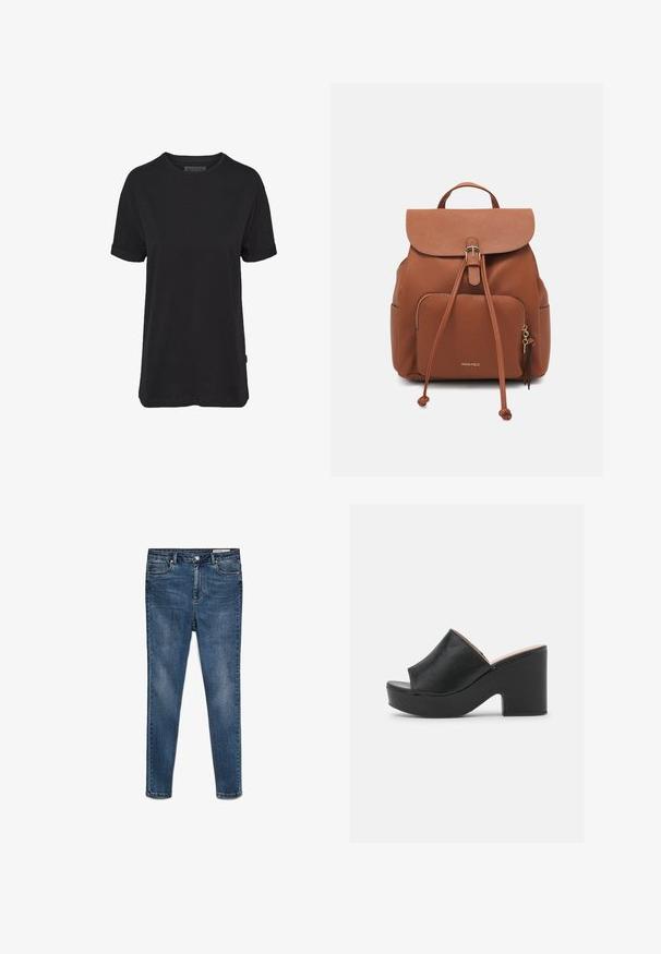 Schwarzes Baumwoll-T-Shirt mit kurzen Ärmeln, rundem Halsausschnitt und aufgerollten Bündchen; mit einem dezenten Markenlabel am seitlichen Saum.; Dunkelblaue Denim-Skinny-Jeans mit mittlerer Taille, fünf Taschen und dezenten Abnutzungen. Verfügt über einen Knopf- und Reißverschluss.; Schwarze Leder-Pantoletten mit offener Zehenpartie verfügen über einen breiten Vorderstraps und einen klobigen, hohen Plateau-Absatz mit einer glatten Textur. Seitenansicht dargestellt.; Brauner Kunstleder-Rucksack mit Klappenverschluss, Zugbanddetail, vorderer Reißverschluss-Tasche und goldfarbenen Hardware-Akzenten.