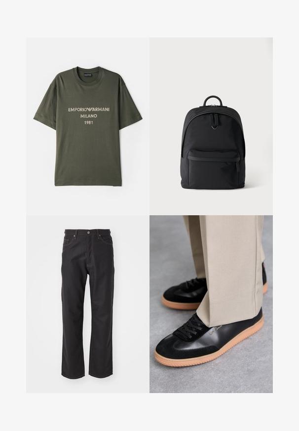 Oliverová zelená bavlnená tričko s krátkymi rukávmi, s logom "EMPORIO ARMANI MILANO" a "1981" v kontrastnom svetlom písmene.; Čierne denimové džínsy so strihom rovného nohavice, s kontrastným oranžovým prešívaním, päťvreckovým dizajnom a klasickým zapínaním na gombík.; Paul Smith COMO - Tenisky - black; Čierny batoh s predným vreckom na zips, hlavným priehradkom s dvojitým zipsom a malým kovovým logom pod hlavnými zipsovými rukoväťami.