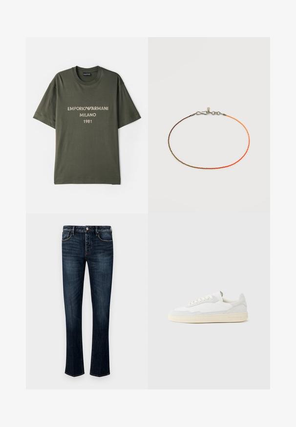 Oliverová zelená bavlnená tričko s krátkymi rukávmi, s logom "EMPORIO ARMANI MILANO" a "1981" v kontrastnom svetlom písmene.; Tmavo modré džíny s rovnými nohavicami, s piatimi vreckami, viditeľným šitím a zapínaním na gombík a zips.; Biela teniska s jemne štruktúrovaným zvrškom zo semišu a kože. Má zaoblenú špičku, viazanie na šnúrky a kontrastnú béžovú gumovú podrážku.; Tenký náramok z korálikov s gradientnými farbami od hnedej po oranžovú a striebornou sponou na bielom pozadí.