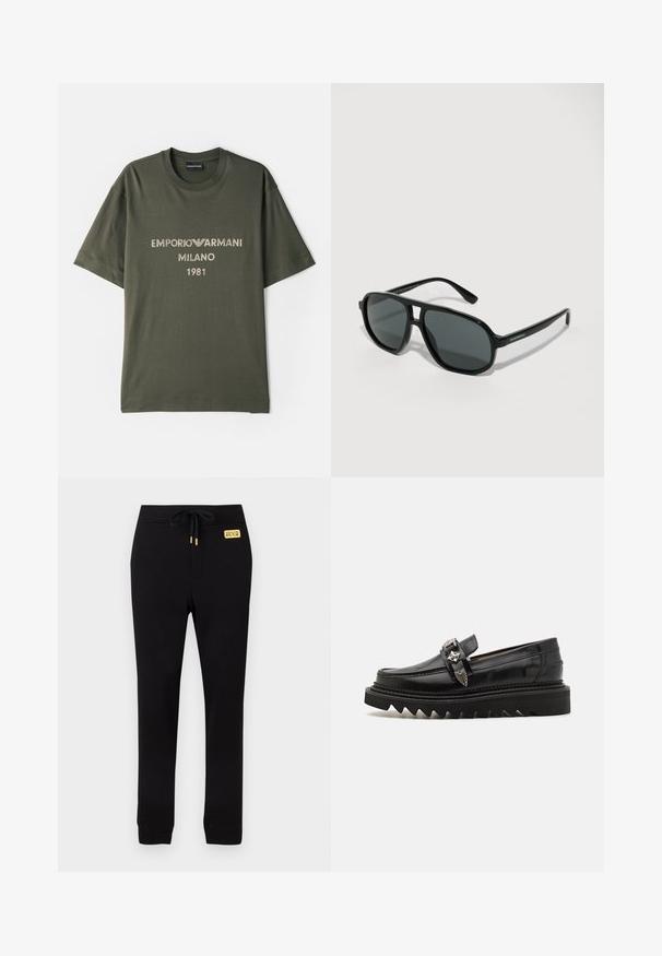 Oliverová zelená bavlnená tričko s krátkymi rukávmi, s logom "EMPORIO ARMANI MILANO" a "1981" v kontrastnom svetlom písmene.; Čierne slim-fit teplákové nohavice s rebrovanými manžetami, elastickým pásom na šnúrku a malou žltou nášivkou s logom Versace Jeans Couture.; Čierne kožené mokasíny so striebornými kovovými detailmi, vyvýšenou zigzag podrážkou a elegantným, zaobleným dizajnom; hladký povrch a lesklý finálny vzhľad.; Čierne slnečné okuliare so šedými šošovkami. Rám štvorcového tvaru vyrobený z plastu. Obsahuje detail loga na ramene. Hladký povrch, bez ďalších vzorov.