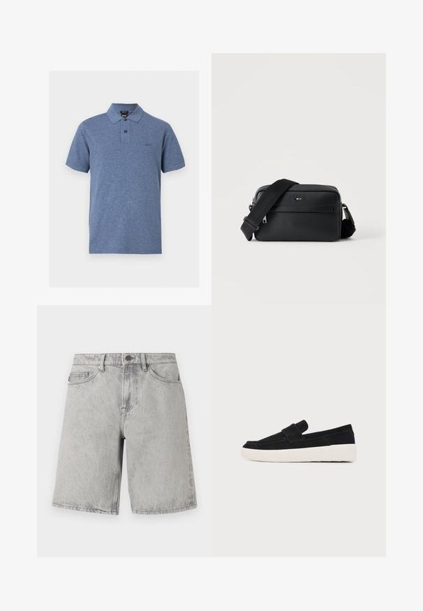 Polo bleu à manches courtes avec deux boutons, un col et un petit logo "BOSS" brodé sur le côté gauche de la poitrine.; Shorts en jean gris clair avec fermeture par bouton et fermeture éclair, passants pour ceinture et poches avant, présentés sur un fond blanc.; Mocassin en daim noir avec semelle plateforme blanche, vue de côté, avec une bride sur le dessus et des coutures visibles le long des bords.; Sac bandoulière en cuir noir texturé avec poche avant zippée et bandoulière large en tissu réglable sur fond blanc.