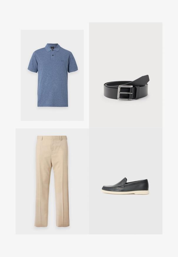 Polo bleu à manches courtes avec deux boutons, un col et un petit logo "BOSS" brodé sur le côté gauche de la poitrine.; Pantalon beige sur mesure avec passants pour ceinture, pli devant et fermeture éclair dissimulée, présenté sur un fond uni.; Mocassin noir en cuir à enfiler avec semelle beige, positionné en suspension près d'un porte-revues en fil métallique sur un sol en terrazzo.; Ceinture en cuir noir enroulée avec une boucle métallique rectangulaire argentée gravée "BOSS" sur un fond gris clair.