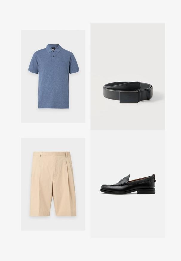 Polo bleu à manches courtes avec deux boutons, un col et un petit logo "BOSS" brodé sur le côté gauche de la poitrine.; Shorts beige mi-long cintrés avec passants pour ceinture, plis à l'avant et fermeture éclair cachée sur le devant.; Mocassin homme en cuir noir avec couture moc toe, bride penny, col texturé et petit talon empilé sur fond blanc.; Ceinture en cuir noir enroulée avec une boucle noire mate rectangulaire et un logo embossé discret sur fond blanc.
