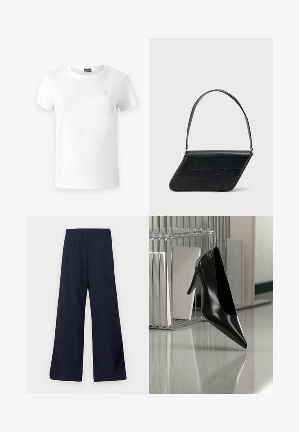 Camiseta de algodón blanca con cuello redondo, mangas cortas y un pequeño logo bordado en el lado izquierdo del pecho. Textura suave, ajuste casual.; Pantalones de pierna ancha en un tono azul marino oscuro, confeccionados con un material ligero de textura suave y una cinturilla elástica para mayor comodidad.; Zapato de tacón alto negro con punta afilada y logo dorado, colocado sobre una superficie reflectante cerca de un organizador de archivos de alambre cromado con documentos.; Bolso de hombro de cuero negro con forma triangular, logo en relieve y una sola correa ajustable. Diseño minimalista con textura suave.