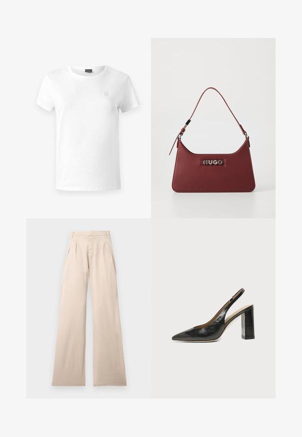 Camiseta de algodón blanca con cuello redondo, mangas cortas y un pequeño logo bordado en el lado izquierdo del pecho. Textura suave, ajuste casual.; Pantalones de pierna ancha beige hechos de algodón, con plisados en la parte frontal y una textura suave. El diseño incluye una cinturilla estándar y sin patrón visible.; Zapato slingback de piel negra con puntera puntiaguda, tacón alto y ancho, y forro interior beige sobre un fondo claro y liso.; Pequeño bolso rectangular de cuero burdeos con correa ajustable y placa de logotipo plateada "HUGO" en la parte frontal.